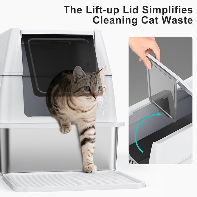 Stainless Steel Litter Box with Lid, XL Extra Large Metal Cat Litter Boxes for Big Cats Enclosed, Easy to Scoop with Litter Scoop Set, High Sides Enclosure Anti-Urine Leakage Non-Sticky