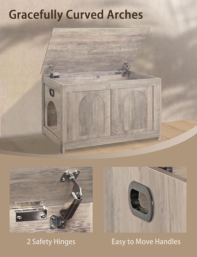 DINZI LVJ Cat Litter Box Enclosure, Flip Top Litter Box Furniture, Farmhouse Hidden Cat Washroom, Wooden Pet House, End Side Table, 31.5" L x 19.7" W x 19.7" H, Sturdy and Easy to Assemble, Greige