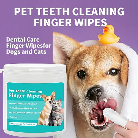 YUHUF-Teeth Cleaning Finger Wipes for Dogs & Cats, Pet Dental Care by Reducing Plaque and Tartar Remove Bad Breath, Disposable Gentle Gum Care Pet Wipes, 50 PCS