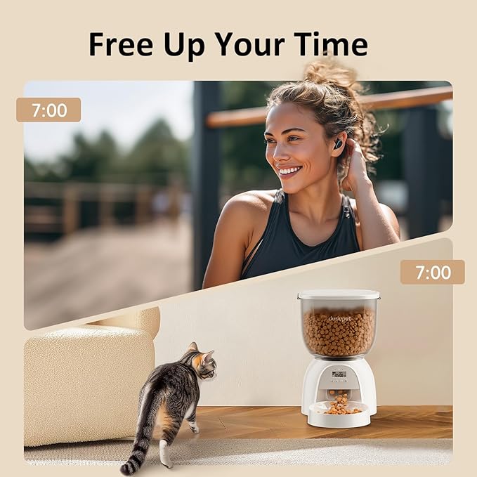 5L/21 Cup Automatic Cat Feeder, Timed Cat Food Dispenser, Automatic Pet Feeders Up to 6 Meals 1-20 Portion, Dual Power Supply Cats Feeder with Stainless Steel, Pet Dry Food Dispenser for Cats & Puppy