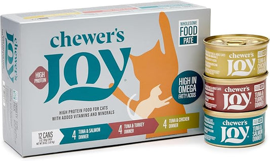 Chewer's Joy Wet Cat Food Variety Pack – 3 Flavors: Tuna & Salmon, Tuna & Chicken, Tuna & Turkey – Natural Pâté – High Protein – Grain Free – Complete & Balanced Nutrition – 24 Cans (3 oz)