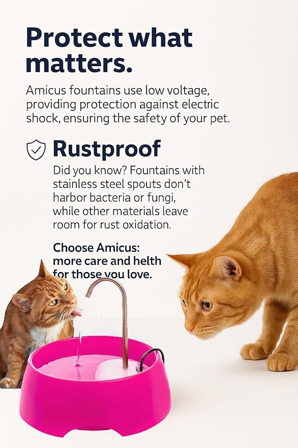 Aqua MINI Portable Pet Water Fountain - Automatic Drinking Bowl for Cats and Dogs - Stainless Steel Faucet - Replaceable Filters - Easy Cleaning - Ideal for Multiple Pets - 1.2L/42 fl oz - Pink