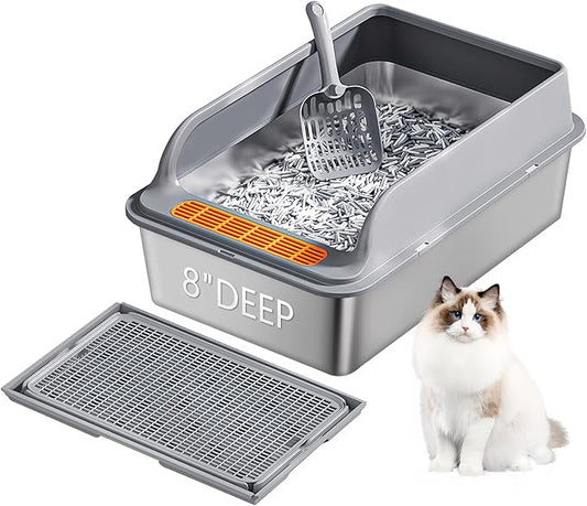 Stainless Steel Cat Litter Box for Multi-Cat Homes - High-Sided Anti-Leak Design,Large Cat Toilet， Non-Stick Surface, Odorless & Easy Clean, Durable with Litter Mat & Scoop