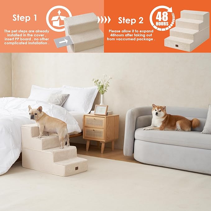 EHEYCIGA Dog Stairs for Bed 20" H, 4-Step Extra Wide Dog Steps for High Bed, Pet Steps for Small Dogs and Cats, Non-Slip Balanced Pet Ramp Indoor, Beige