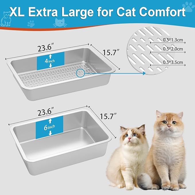 XL Stainless Steel Sifting Litter Box for Big Cats,Metal Sifting Cat Litter Box for Wood Pine Pellets,Extra Large Sifter Litter Pan System,Odor Control,Easy to Clean,with Liners and Metal Scoop
