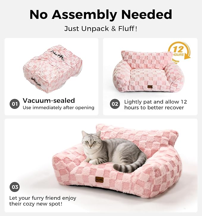 Made4Pets Dog Couch Bed, Soft Faux Fur Checkered Pet Sofa, Comfortable Fluffy Dog Sofa with Supportive Foam, Removable Washable Cover with Non-Slip Base, Pink, Large