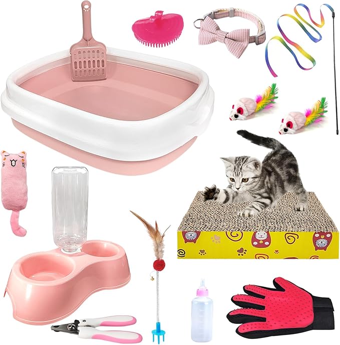 Kitten Starter Kit, 15-Piece Cat Essentials Set Includes Litter Box, Toys, Collars, Scratch Pad, Nail File, Automatic Feed Bowls, Grooming Gloves (Pink)