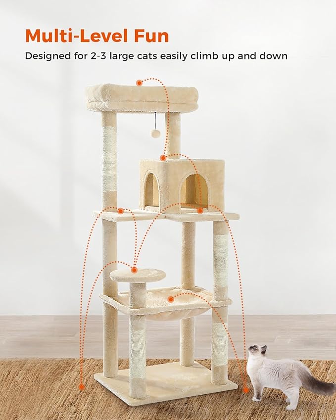 Cat Tree for Large Cats Adult with Metal Plush Big Hammock, 56.3" Cat Tower with 2 Door Condo House, 6-Tier Cat Shelves with Scratching Posts and Large Top Perch, Beige