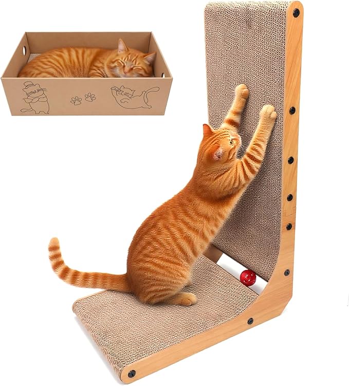 L-Shaped Cat Scratcher 2-in1 Scratching Board for Indoor Cats Protecting Furniture Cardboard Box Scratch Pad with Ball Toy