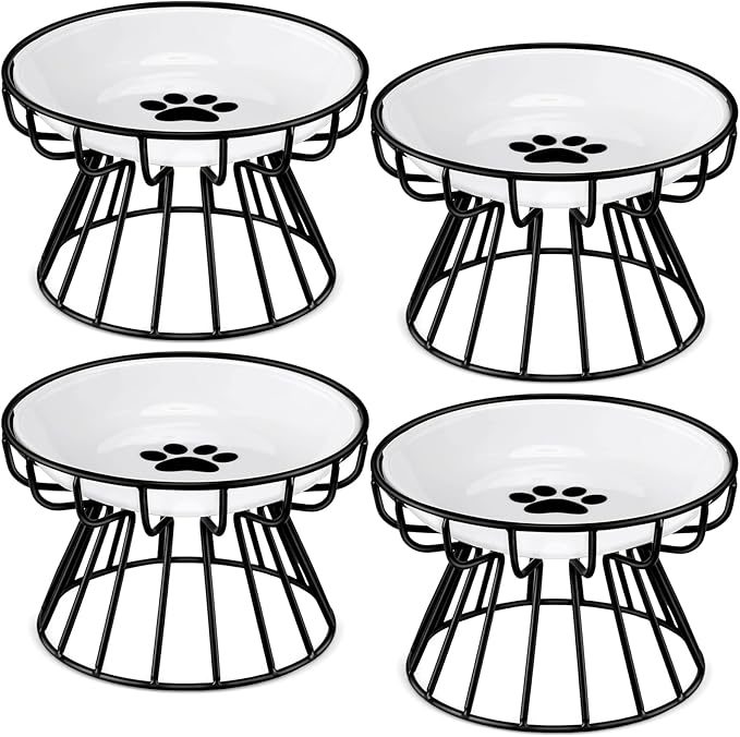 Roshtia 4 Sets Elevated Cat Bowls Ceramic Raised Cat Food Bowls with Metal Stand Dishwasher Safe Dishes Non Slip Elevated Food Plate(Black,Paw)