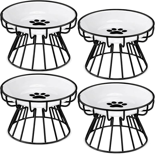 Roshtia 4 Sets Elevated Cat Bowls Ceramic Raised Cat Food Bowls with Metal Stand Dishwasher Safe Dishes Non Slip Elevated Food Plate(Black,Paw)