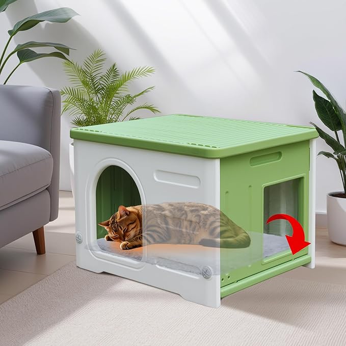 Plastic Cat House Outdoor & Indoor, Waterproof Feral Cat Houses with Escape Door, Sturdy Outdoor Cat House with Bed Mat, Outside Cat Shelter for Small Pet, Assemble and Clean Easily-Green