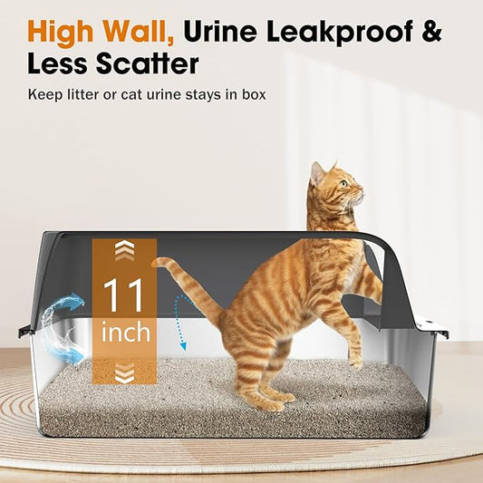 2PACK Stainless Steel Litter Box, Extra Large Litter Boxes for Big Cats, XL Metal Cat Litter Box with Lid High Sides, Anti-Urine Leakage, Non-Sticky, Scoop Included