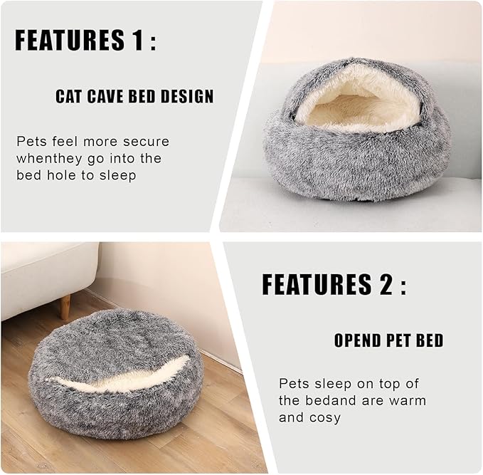 Cat Beds for Indoor Cats,Cat Cave for Puppy and Kitty,Calming Small Dog Bed for Small Dogs with Cover Cave,Cozy Warming Fluffy Washable Anti-Slip Pet Sleeping Bag(24 * 24inch,Grey)