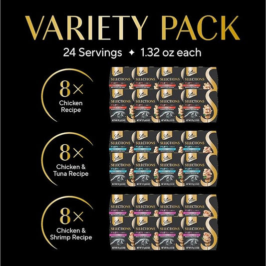 Sheba Selections Filets in Broth Adult Wet Cat Meal Complement Chicken, Tuna, or Shrimp Recipe, 1.3 oz. Cups, 24 Count