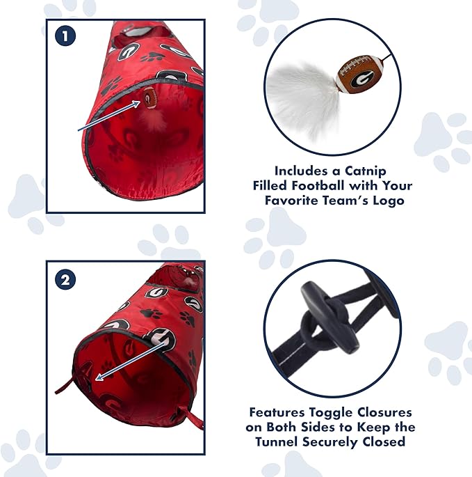 NCAA Georgia Bulldogs Cat Tunnel Tube Toy with Plush Football Catnip and Feathers