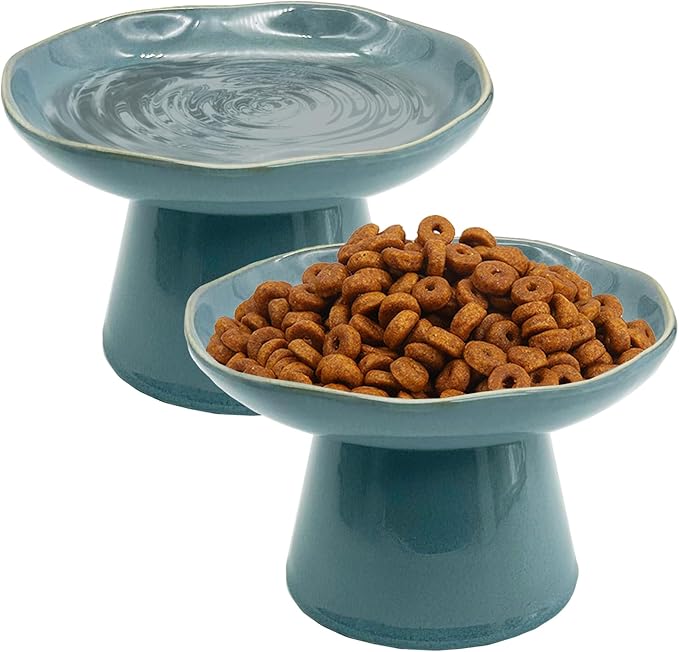 VCEPJH Elevated Cat Bowls 6.1in Shallow Cat Food Plate Pack of 2 Ceramic Raised Cats Dish Flat Anti Whisker Fatigue Wide Pet Food & Water Feeder for Indoor Kitty Kitten (Blue)