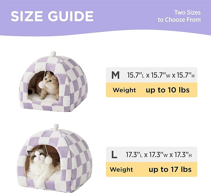 Lesure Cute Cat Beds for Indoor Cats - 2 in 1 Cat Cave Bed for Kittens and Small Pets with Removable Washable Cushioned Pillow, Cozy Kitten with Non-Slip Bottom, Purple, 16 inches