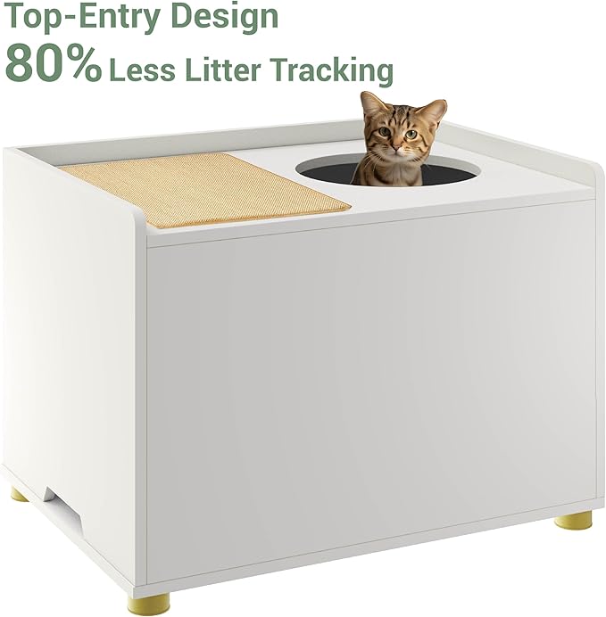 Top Entry Litter Box Enclosure, Modern Flip Top Litter Box Furniture with Cat Scratch Mat, Side Table (White)