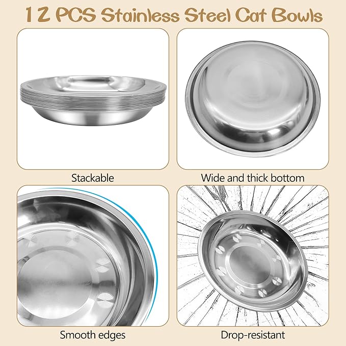 kathson Shallow Stainless Steel Cat Bowls 12 Pcs Whisker Fatigue Cat Dishes Flat Dog Feeding Saucers Pet Food and Water Plate Set for Kitten Puppy and Other Small Animals (7.00 Inch Dia)