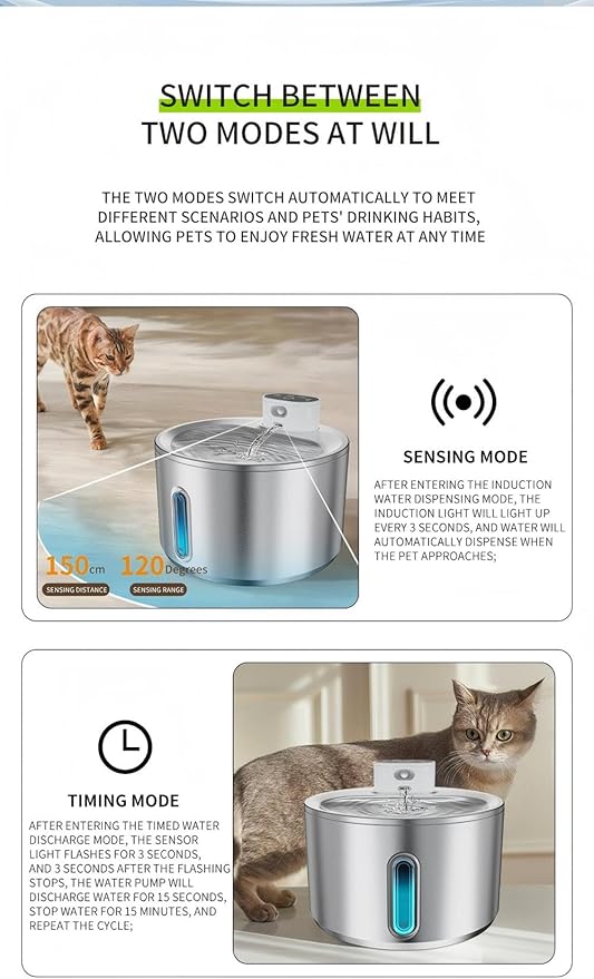 Cat Water Fountain,135oz/4L Large-Capacity Automatic Wireless Pet Water Fountain, Food-Grade Stainless Steel,Intelligent Water Sensing,2 Replaceable Filter Core, Multi-Pet Households
