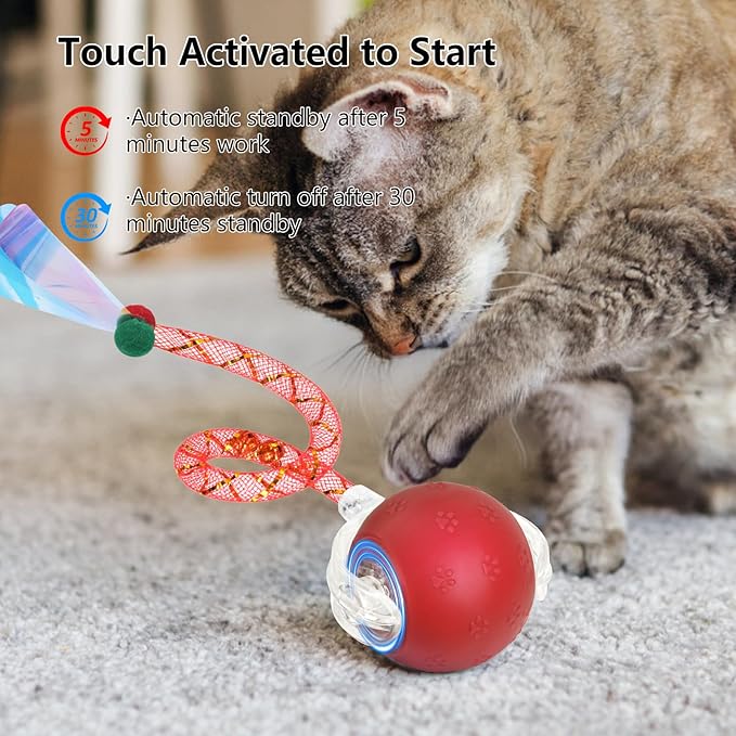 Upgraded Interactive Cat Toy, cat Toys for Indoor Cats, Automatic Kitten Ball with Mesh Elastic Tail, Moving Cat Toy for Bored Indoor Adult Cats, Motion Activated