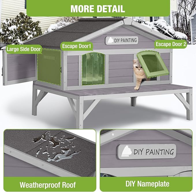 GUTINNEEN Insulated Outdoor Cat House with All-Round Liner, Weatherproof Feral Cat Shelter for Winter with 3 Entry Doors, Indoor Cat Condo for Multiple Cats