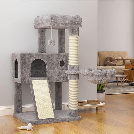 SHA CERLIN Cat Tree 36 Inches Cat Tower with Hammock, Sisal Scratching Post for Indoor Kittens, Small Room, Grey