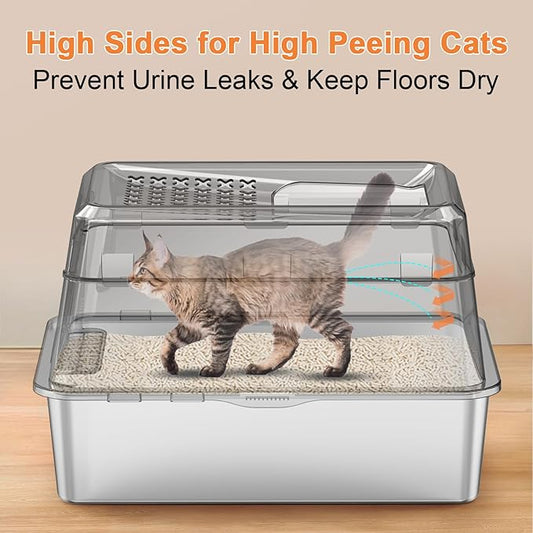URPOWER Stainless Steel Cat Litter Box with Lid Extra Large Enclosed Litter Box for Cats Non-Sticky Metal Pan with High Sided Enclosure & Scoop, Front & Top Entry, Anti-Leakage, Easy Cleaning