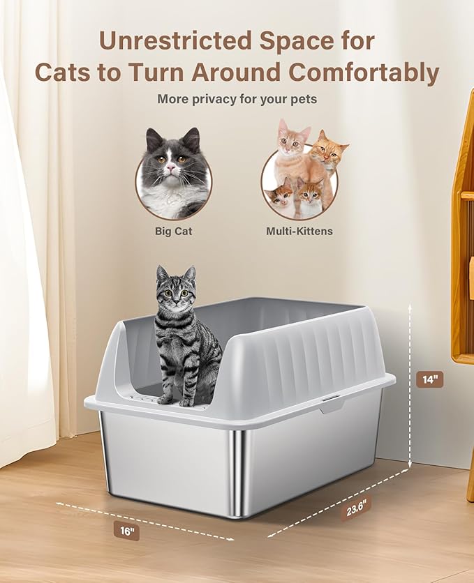 Cat Litter Box Stainless Steel XL with Lid, Enclosed Metal Extra Large Litter Box Pan High Sided with Scoop for Big Cats, Non-Sticky, Anti-Urine Leakage, Easy Cleaning