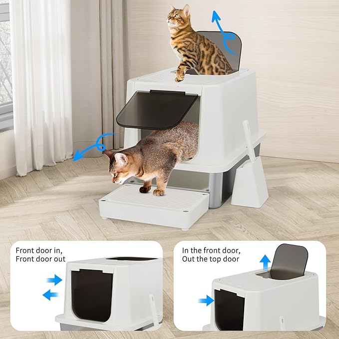 RIZZARI Stainless Steel Cat Litter Box, Leak Proof Litter Box with High Edges, Large Odorless Litter Pan with for Small to Large Cats (Beige)