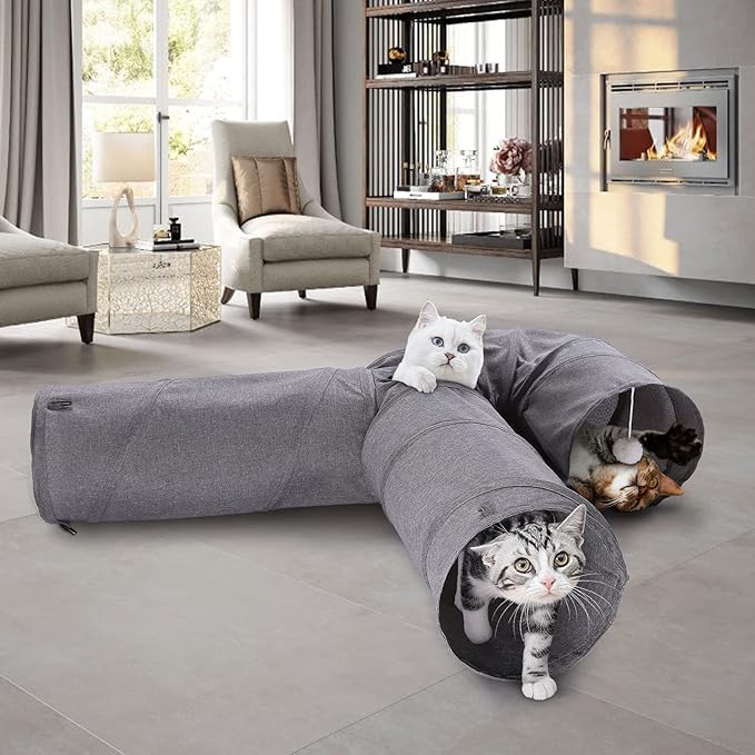 Ownpets Cat Tunnel Large 3 Way Collapsible Cloth Pet Tunnel Tube with Plush Ball & Feather Toy, U-Shaped Cat Play Tunnel for Indoor Cat, Puppy, Kitty, Kitten, Rabbit(Gray)