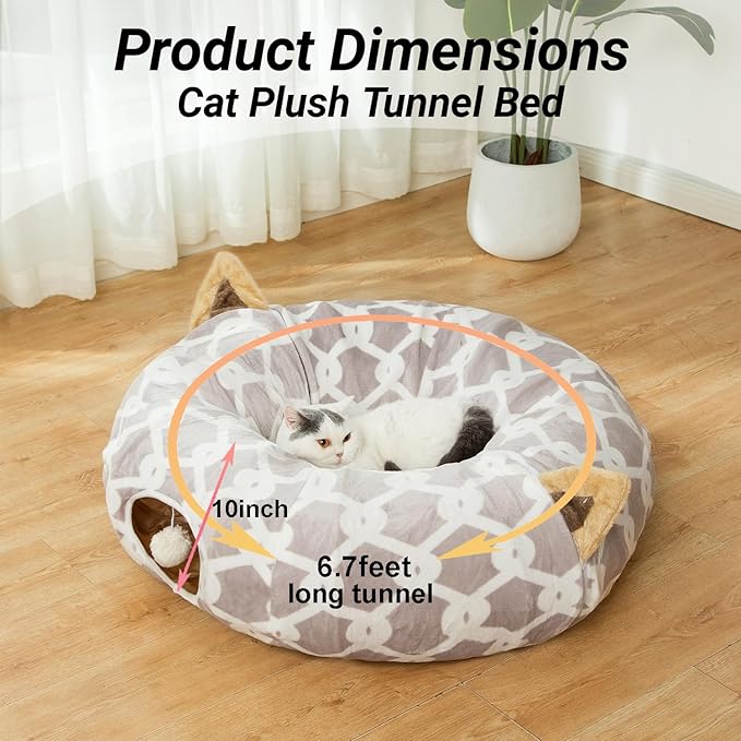 LUCKITTY Large Cat Tunnel Bed with Plush Cover,Fluffy Toy Balls, Small Cushion and Flexible Design- 10 inch Diameter, 3 ft Length- Great for Cats, and Small Dogs, Gray Geometric Figure