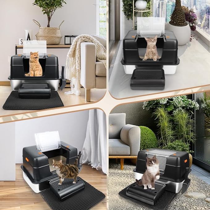 Vivifying Stainless Steel Litter Box, XL Side Entry Extra Large Litter Box with Lid for Big Cats & Kitty, Removable Enclosed Metal Cat Pan with High Sided Enclosure, Scoop, Mat, Footboard (Black)