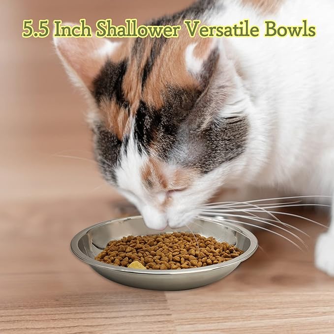 6 PCS Stainless Steel Cat Bowls, 5.5" Dia Shallow Cats Water Food Dish Replacement Whisker Fatigue Relief Plate Stackable Metal Pet Feeding Bowl Basic Bulk for Puppy Dogs Elevated Stand