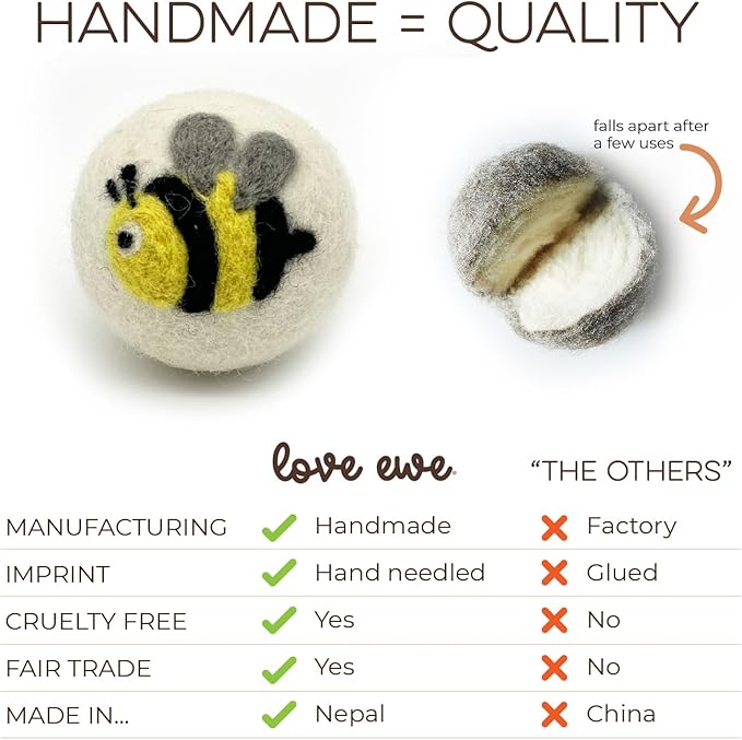 Hustle & Blush Wool Felt Balls 3 Pack Love Ewe Pet Supplies - 2in Cat Toys 100% New Zealand Wool, Handmade Colorful Balls for Cats - Flower and Bee