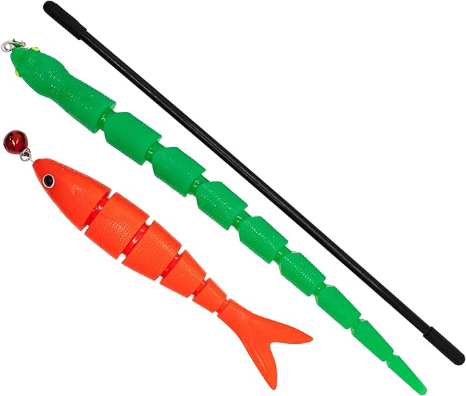 Playology Cat Toy Snake and Fish Teaser | Interactive Toy with Jingle Bells and Interchangeable Lures That Supports Active Play | Perfect for Active Indoor Cats