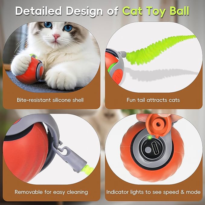 Speedy Tail Cat Toy 2.0, Interactive Cat Ball Toy for Bored Indoor Cats, Automatic Moving Pet Play Ball, Two Speed Adjustment with Replacement Tail