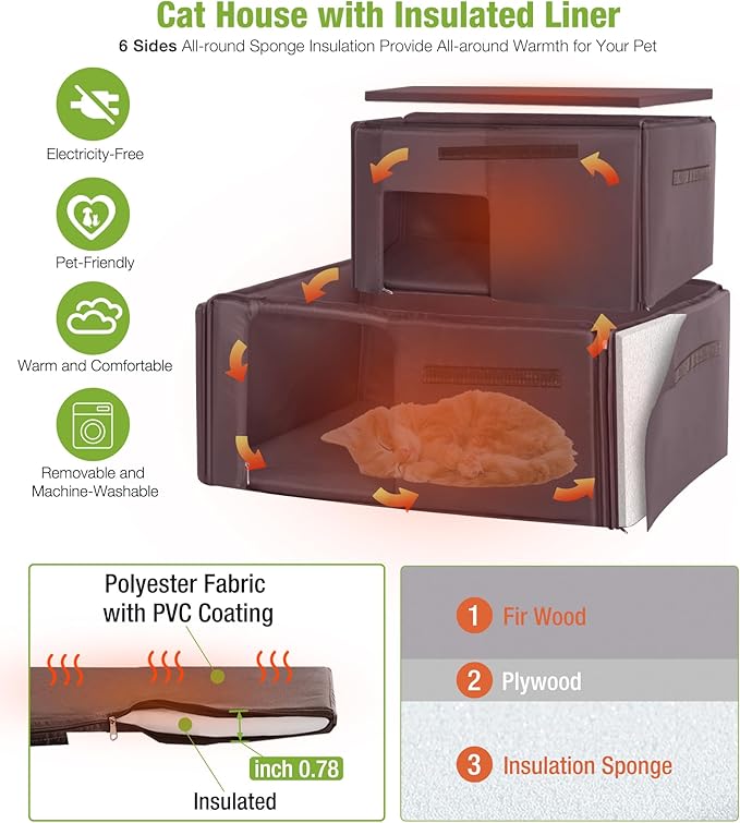 GUTINNEEN Insulated Cat House Outdoor for Winter, Wooden Weatherproof Outside Feral Cat Shelter with Liner, Large Balcony, Escape Door, PVC Door Strip, for Outdoor & Indoor