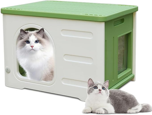 Deblue Plastic Cat House for Indoor & Outdoor, Waterproof Feral Cat House with Escape Door, Sturdy Pet Shelter for Cats, Puppy, Rabbit, Easy to Assemble and Clean-Green