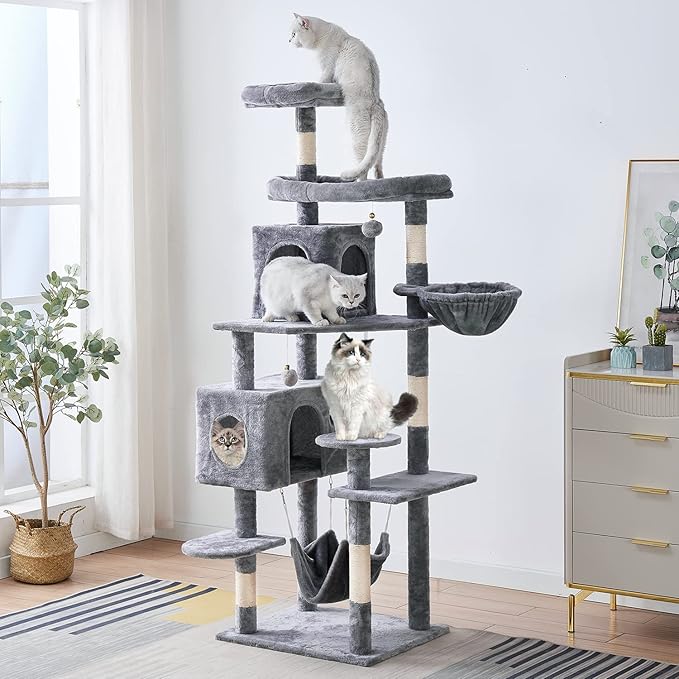 Cat Tree 71.6 inches Cat Tower for Indoor Cats, Multi-Level Cat Condo Furniture with Scratching Posts, Plush Perches, Activity Center with Cozy Basket & Hammock for Large Cats,Light Gray