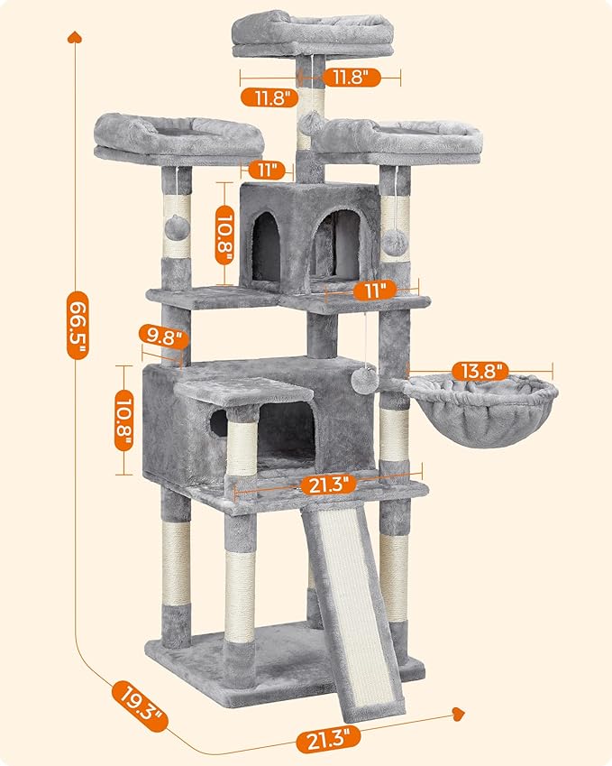 FEANDREA Cat Tree, Large Cat Tower, Cat Condo with Scratching Posts, Board, 2 Caves, 3 Plush Perches, Activity Center, 66.5 Inches, Light Gray UPCT019W01