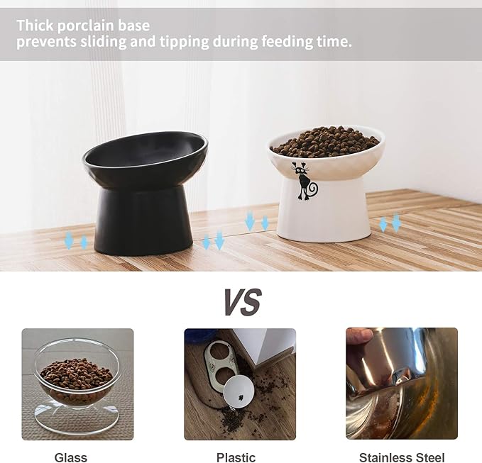 OMAYKEY Ceramic Raised Cat Bowls, Tilted Elevated Cat Food and Water Bowl Set, Porcelain Stress Free Pet Feeder Dish for Cats and Small Dogs, Dishwasher and Microwave Safe - Set of 2, White & Black