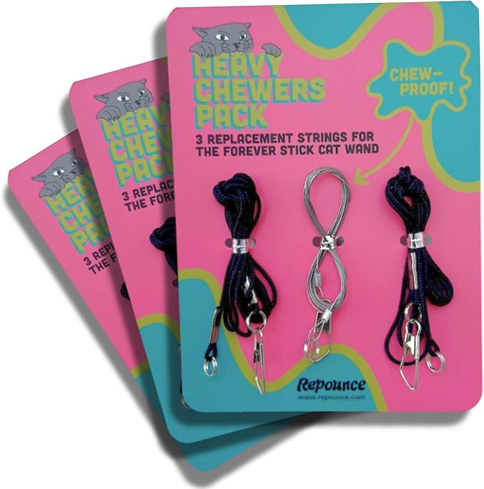 Replacement Strings for Cat Wand Toy - 3-Pieces - Chew-Proof Metal String Wire and 2 Durable Paracord Strings - Heavy Chewers Pack Cat Wand Toy Refill Strings (9 Replacement Strings)
