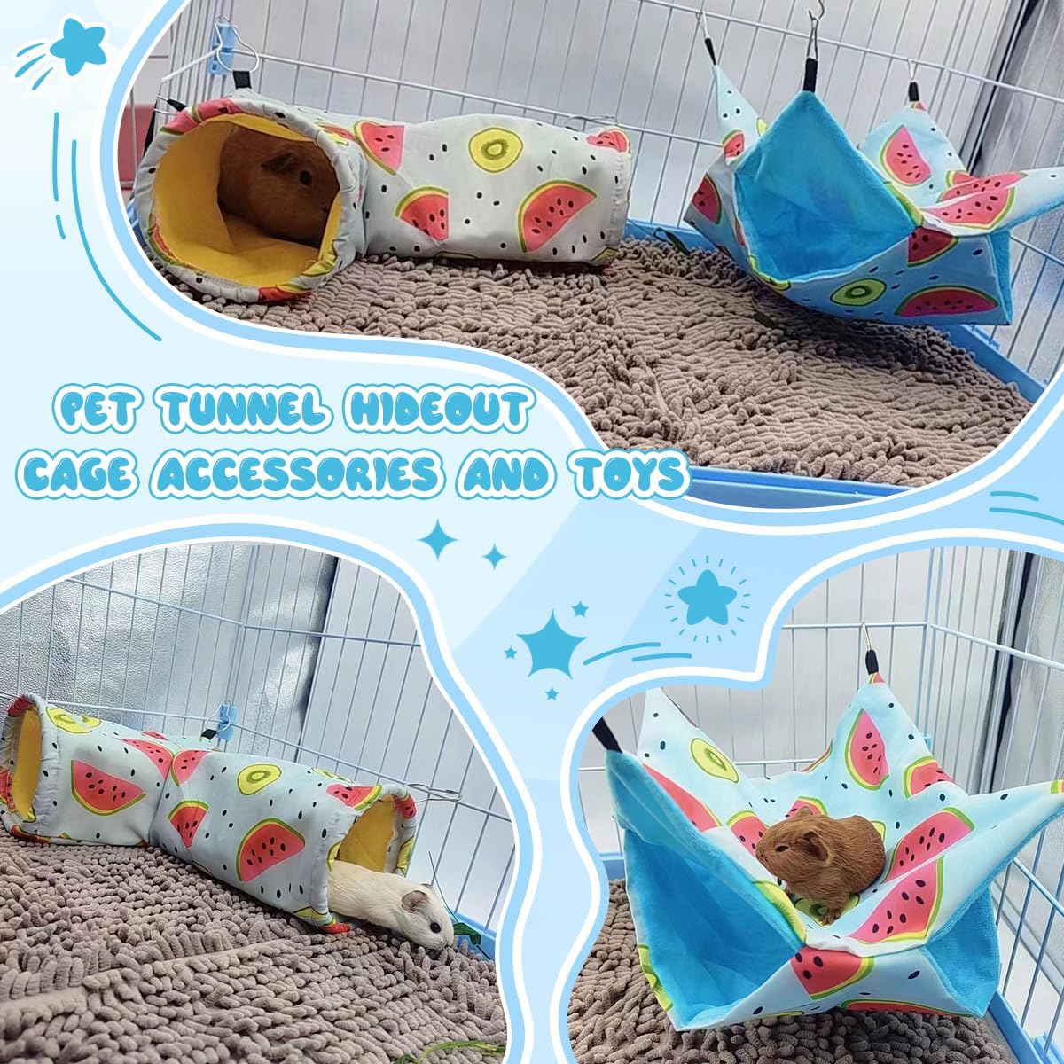 Large Caliber Guinea Pig & Rat Tunnel Hideout & Hammock, Corner Hideout Toy for Guinea Pig, Ferret, Hedgehog & Piggy to Hide and Shuttle (3. Hammock&Tunnel-Watermelon)