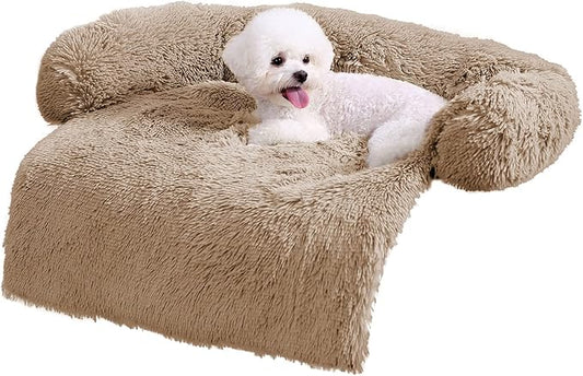 HACHIKITTY Calming Pet Sofa Bed Mat, Washable Plush Couch Cover, Furniture Protector for Dogs and Cats, Fluffy Dog Couch Bed with Anti-Slip Bottom (37"x 33"x 6", Camel)