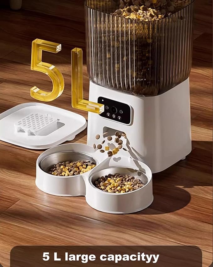 Automatic Cat Feeder 2 Cats with Camera, 5L Dual Pet Auto Timed Electric Smart APP Food Feeding Dispenser (White, 2 Bowls)