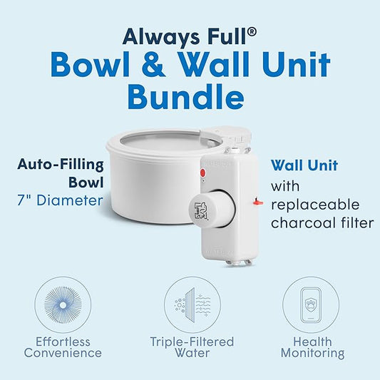 Always Full® 9" Pet Water Bowl and Wall Unit Bundle – Self-Refilling, Clean Filtered Water, Easy Home Connection, App-Enabled Hydration Tracking, Cat and Dog Water Bowls