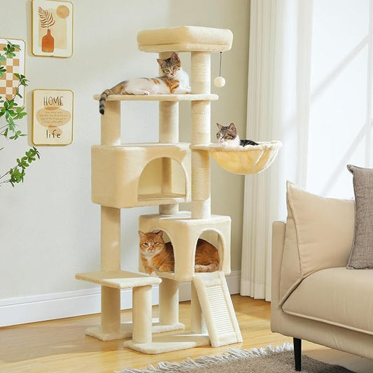 PAWZ Road Cat Tree, 51.6 Inches Cat Tower with Dual Condos, Spacious Perch, Cozy Basket and Sisal-Covered Scratching Posts for Small Cat and Kittens- Beige
