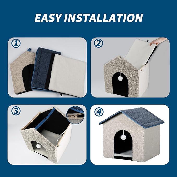 Foldable Cat House with Plush Hanging Ball - Cozy Cottage-Style Pet Bed, 18.9"x17.7"x17.3" Off-White | Slanted Roof & Arch Door for Indoor Kittens